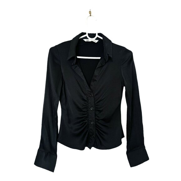Zara Black Satin Ruched Cropped Long Sleeve Blouse Size XS - Picture 3 of 8